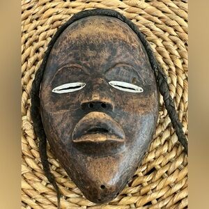 Handcrafted African Mask with Shell Accents Dan Passport Mask and  Wood Brown 9”